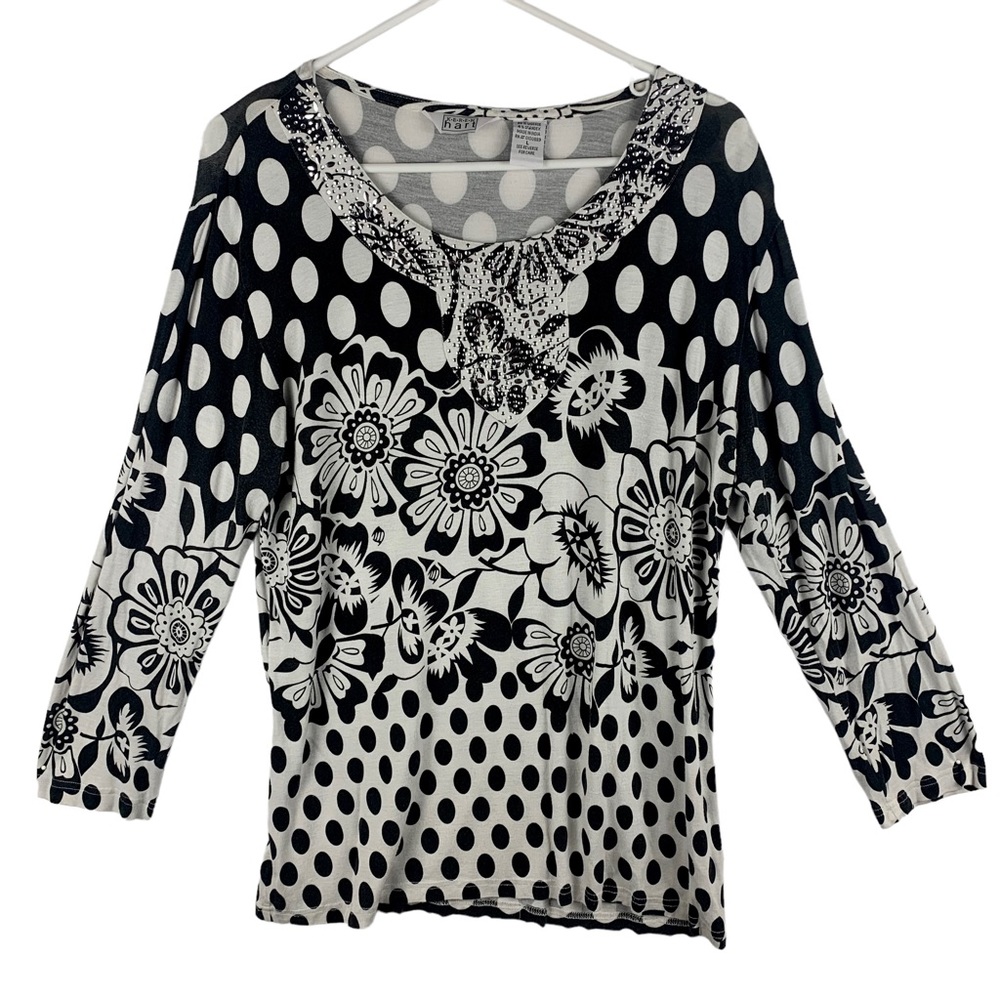 Karen Hart Long Sleeve Top Black and White Floral Print Jeweled V-neck Size L